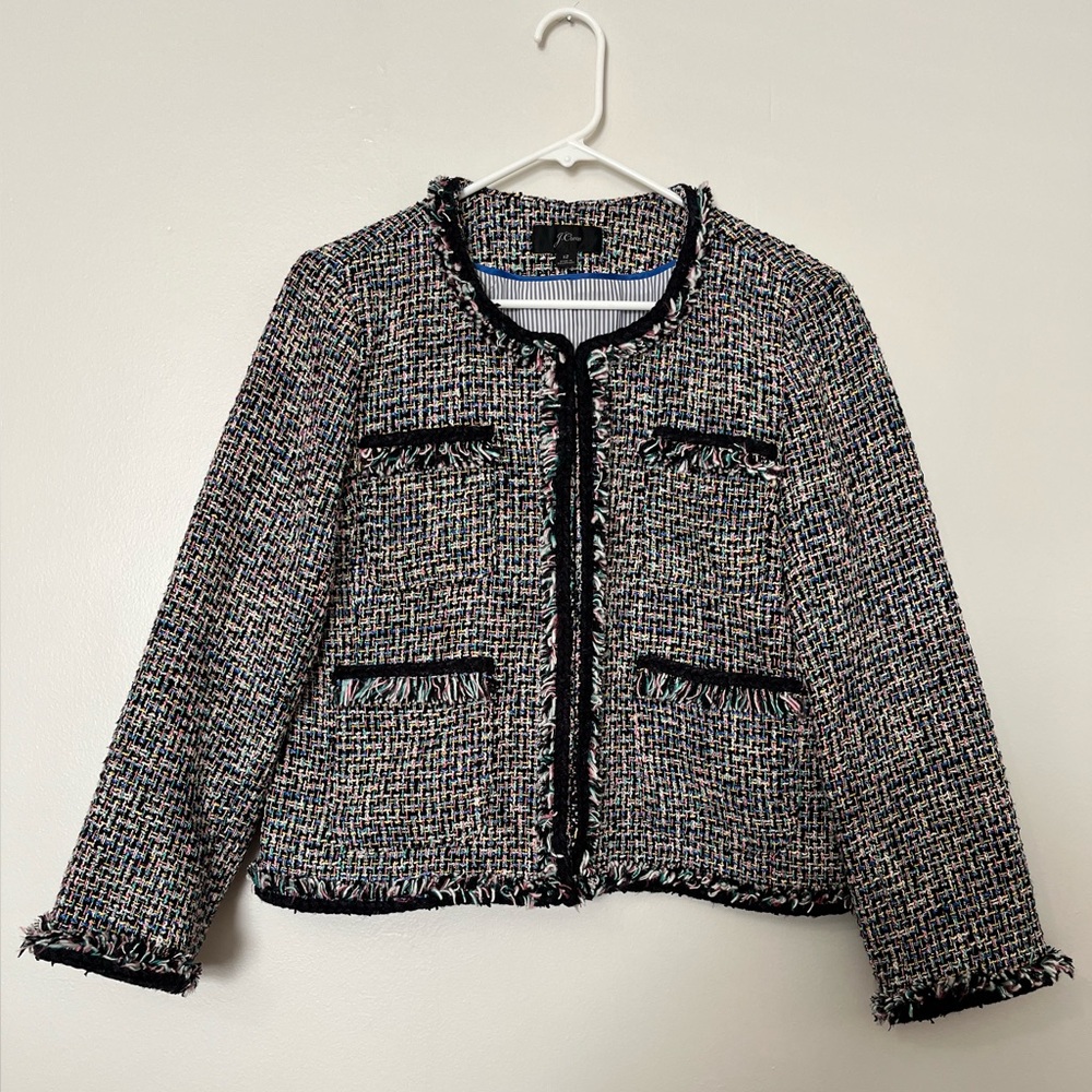 J. Crew Lady Metallic Tweed Jacket in Black Rainbow Multi Color & Fringe Details